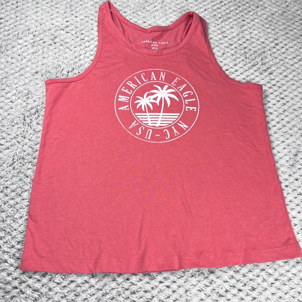 American Eagle Outfitters Kids Tank Top Coral Palm Tree NYC USA Graphic Size 14ā